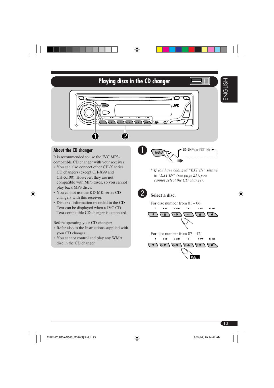 Playing discs in the cd changer | JVC KD-G310 User Manual | Page 13 / 98