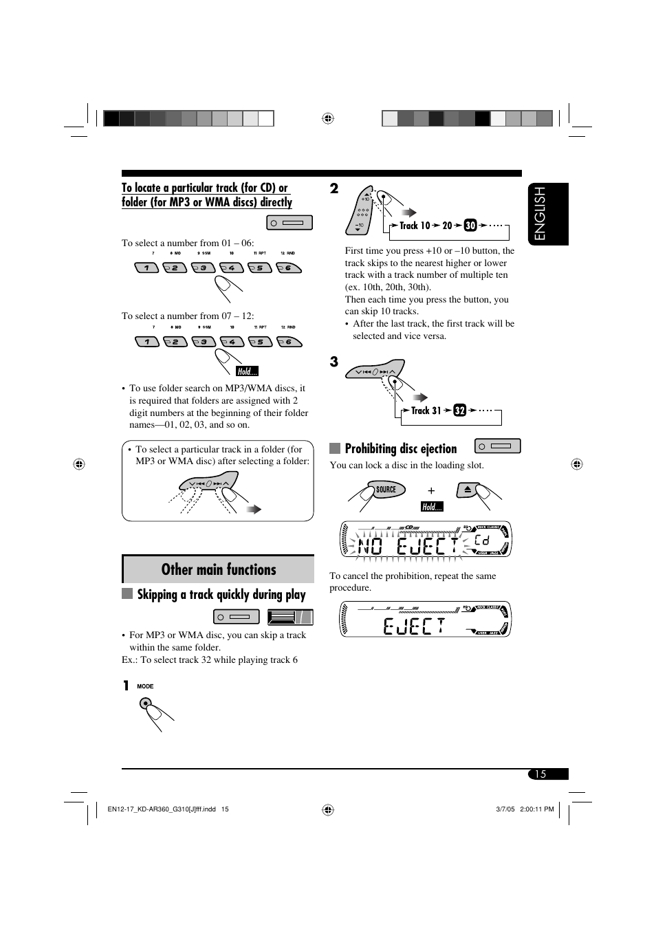 Other main functions, English, Skipping a track quickly during play | Prohibiting disc ejection | JVC KD-G310 User Manual | Page 15 / 98