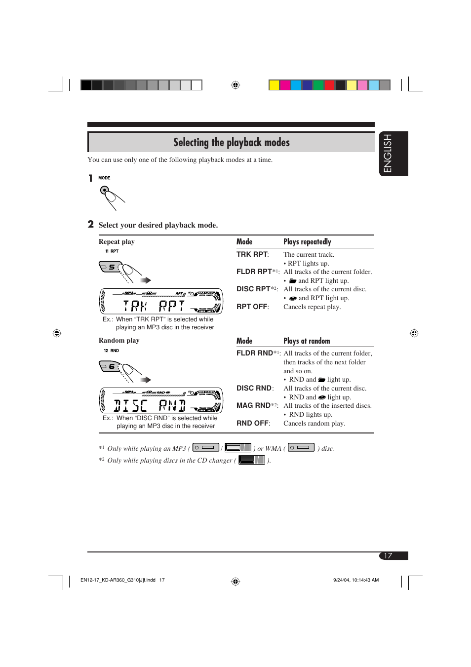 Selecting the playback modes, English | JVC KD-G310 User Manual | Page 17 / 98