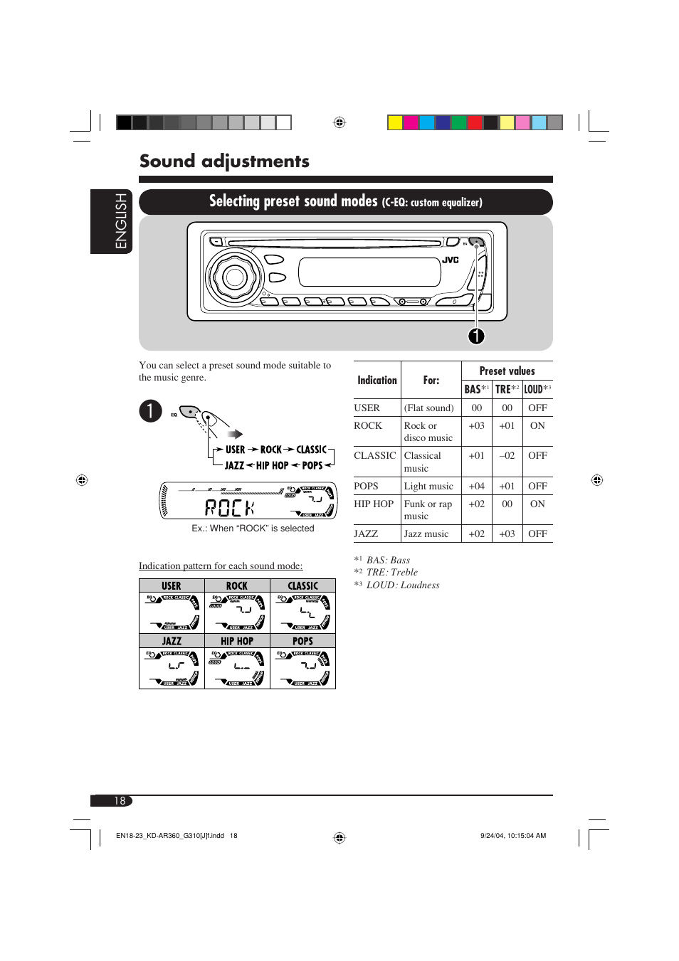 Sound adjustments, Selecting preset sound modes, English | JVC KD-G310 User Manual | Page 18 / 98