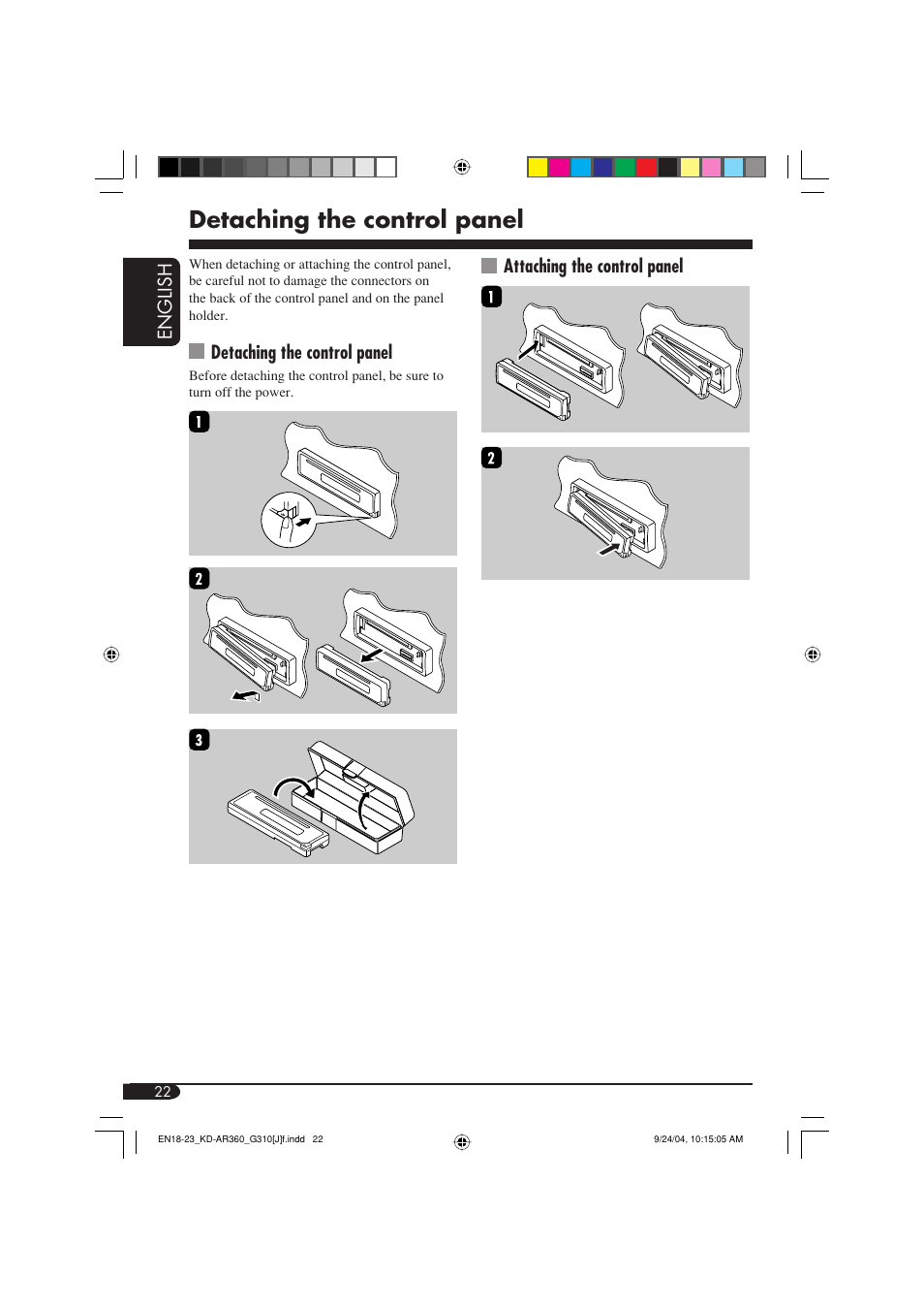 Detaching the control panel | JVC KD-G310 User Manual | Page 22 / 98