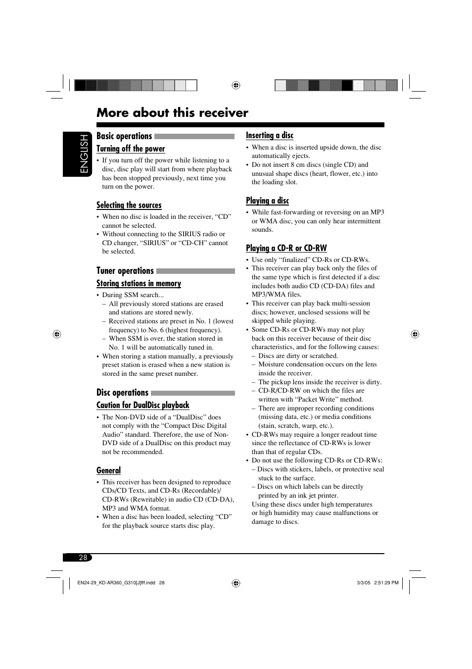 More about this receiver, English, Basic operations | Tuner operations, Disc operations | JVC KD-G310 User Manual | Page 28 / 98