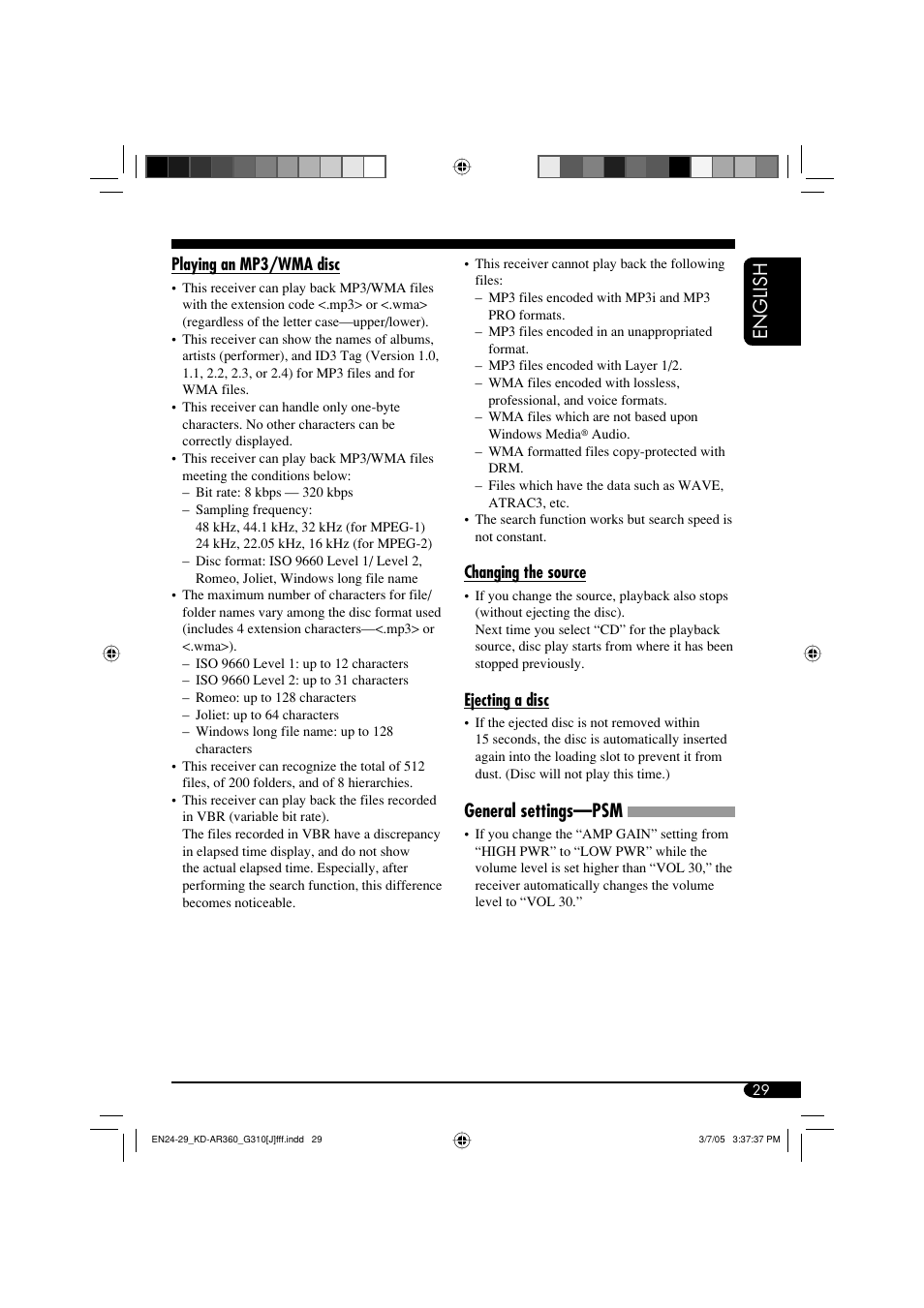 English, General settings—psm | JVC KD-G310 User Manual | Page 29 / 98