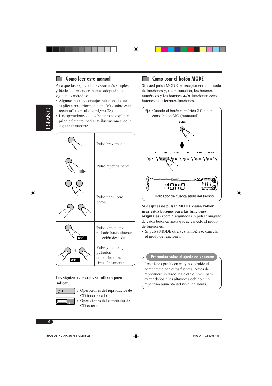 Esp añol cómo usar el botón mode, Cómo leer este manual | JVC KD-G310 User Manual | Page 36 / 98