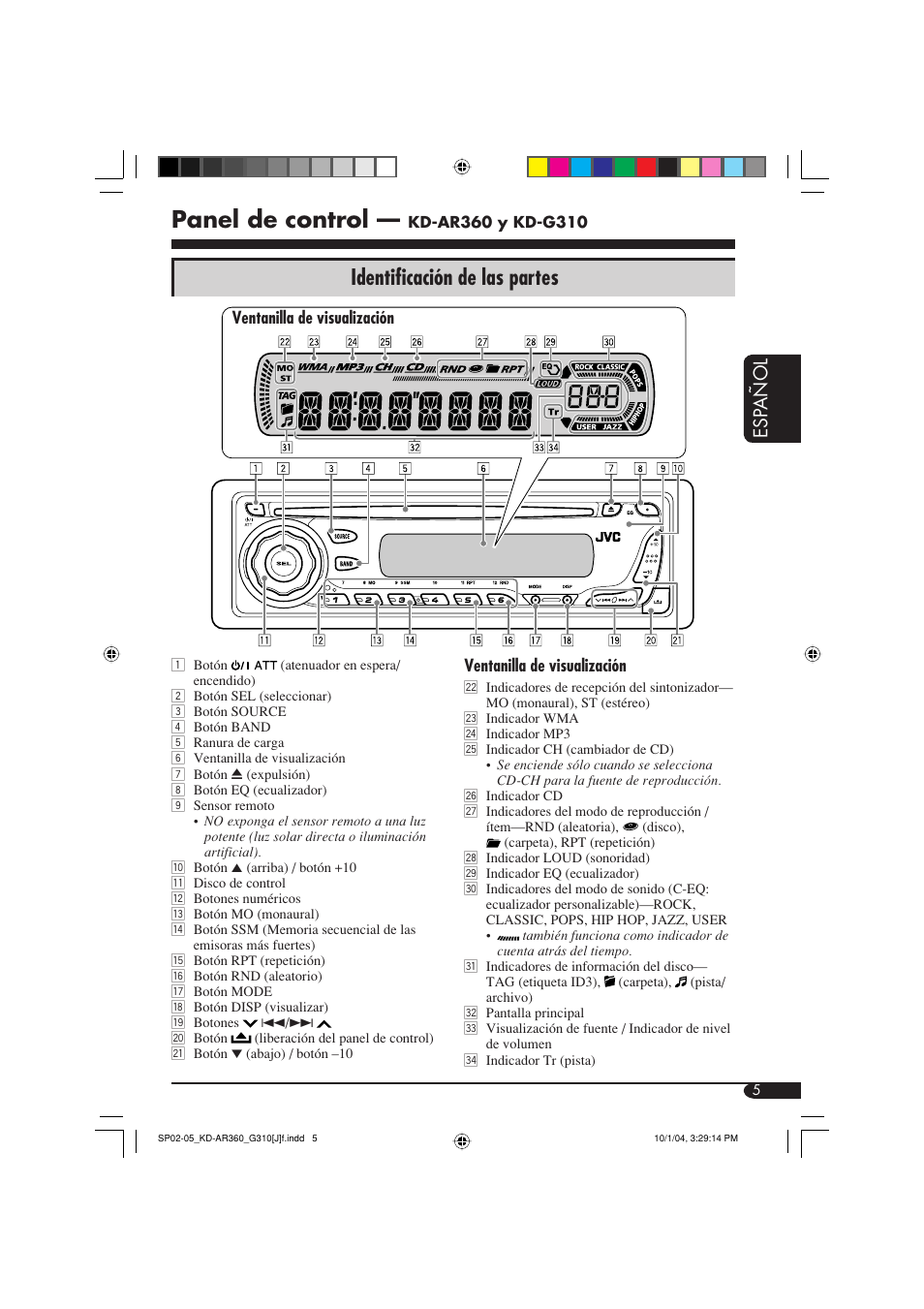 Panel de control, Identificación de las partes, Esp a ñ ol | JVC KD-G310 User Manual | Page 37 / 98