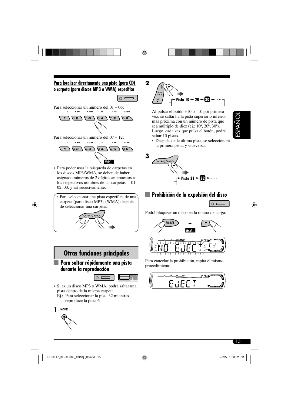 Otras funciones principales, Esp añol, Prohibición de la expulsión del disco | JVC KD-G310 User Manual | Page 47 / 98