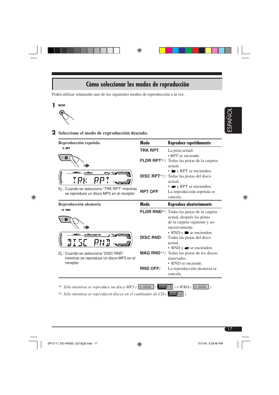 Cómo seleccionar los modos de reproducción, Esp a ñ ol | JVC KD-G310 User Manual | Page 49 / 98