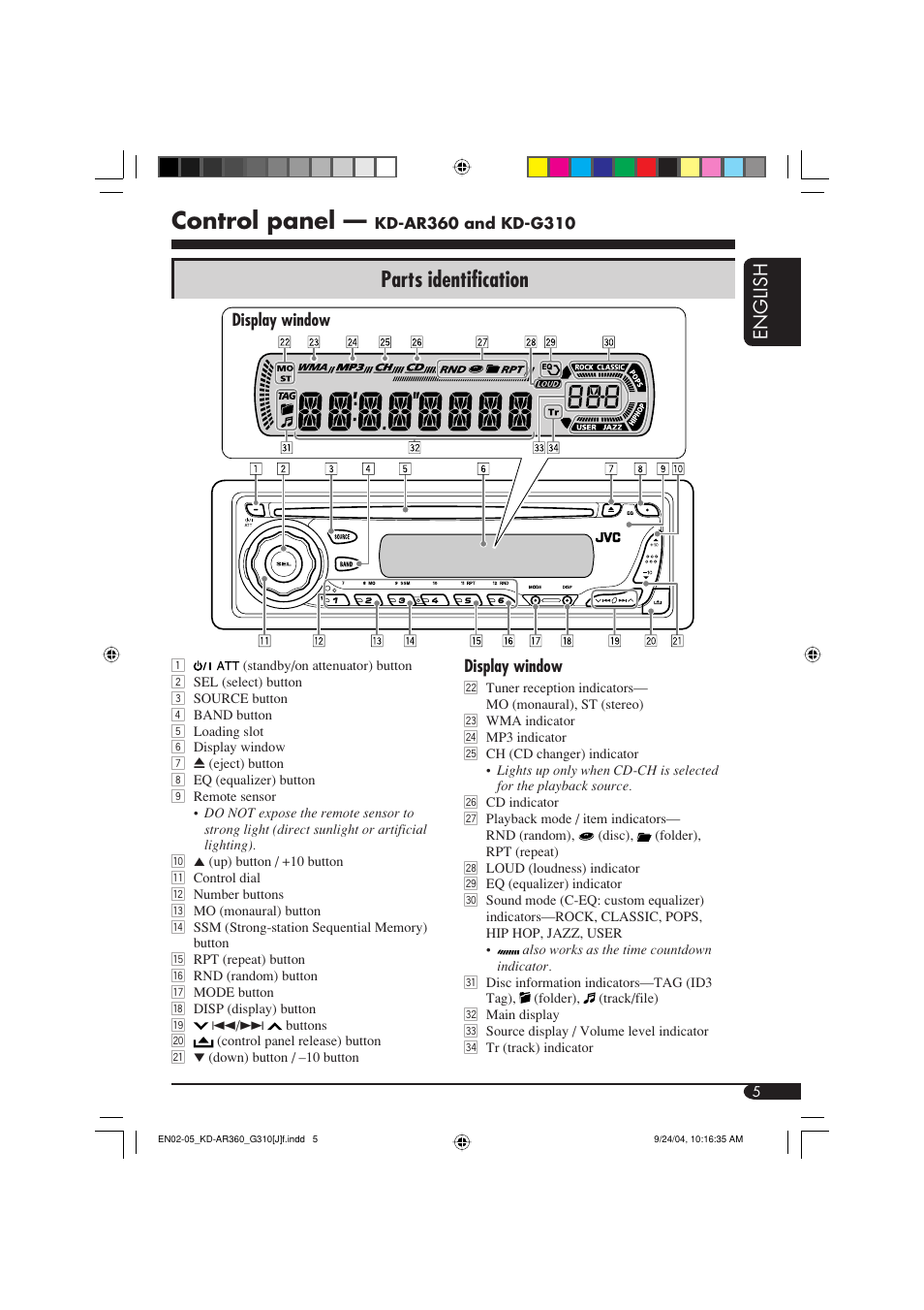 Control panel, Parts identification, English | JVC KD-G310 User Manual | Page 5 / 98