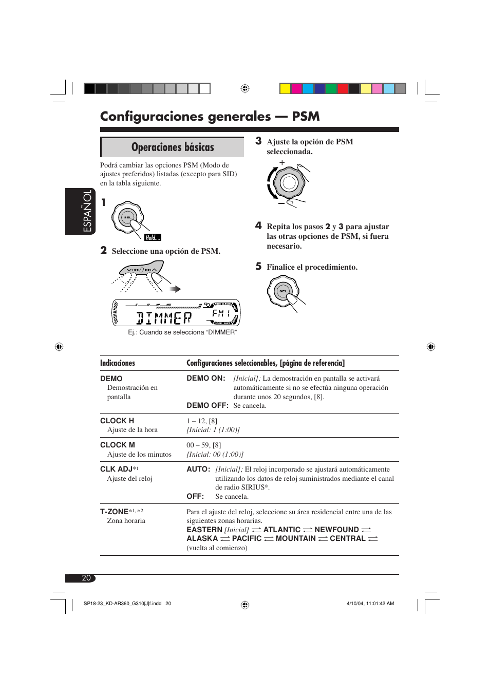 Configuraciones generales — psm, Operaciones básicas, Esp añol | JVC KD-G310 User Manual | Page 52 / 98