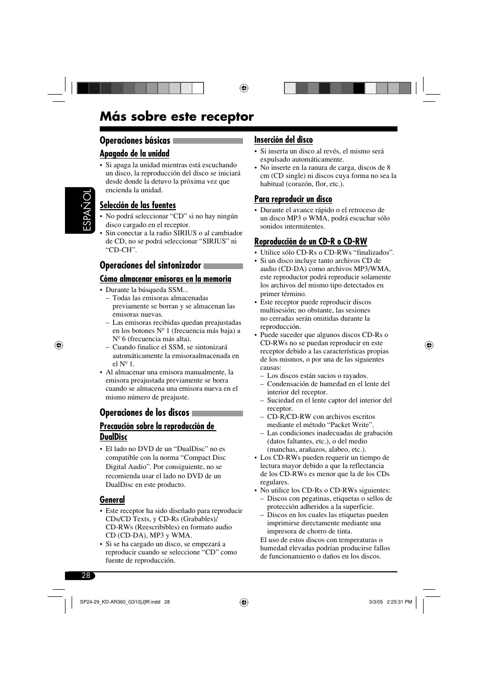 Más sobre este receptor, Esp añol, Operaciones básicas | Operaciones del sintonizador, Operaciones de los discos | JVC KD-G310 User Manual | Page 60 / 98