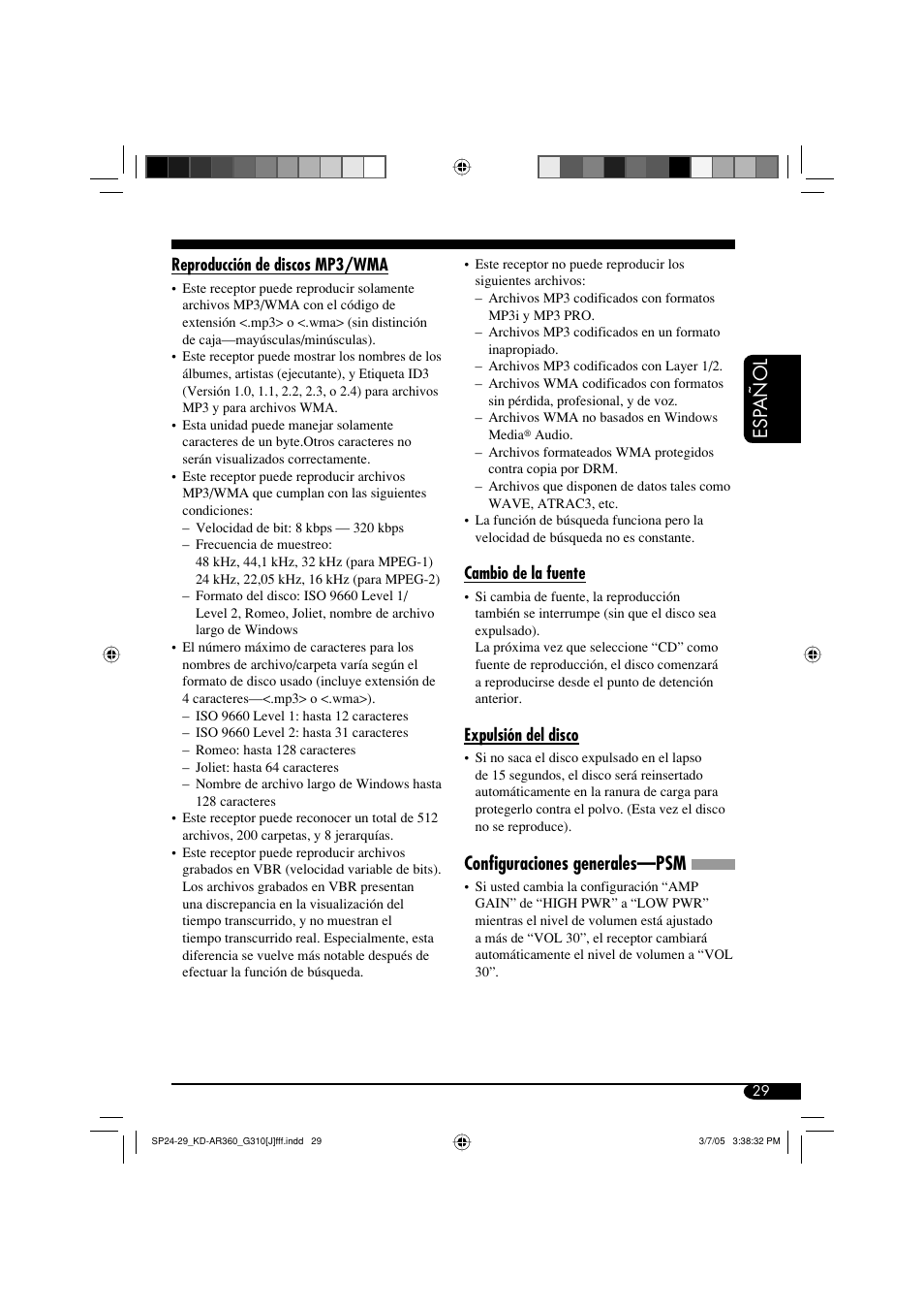 Esp añol, Configuraciones generales—psm | JVC KD-G310 User Manual | Page 61 / 98