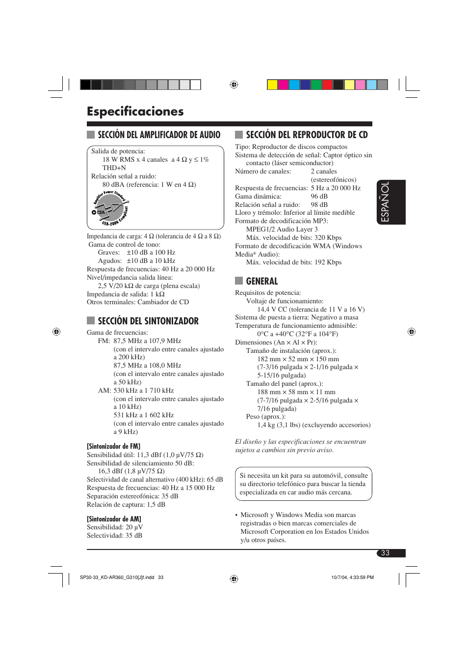 Especificaciones, Esp añol sección del reproductor de cd, General | Sección del amplificador de audio, Sección del sintonizador | JVC KD-G310 User Manual | Page 65 / 98