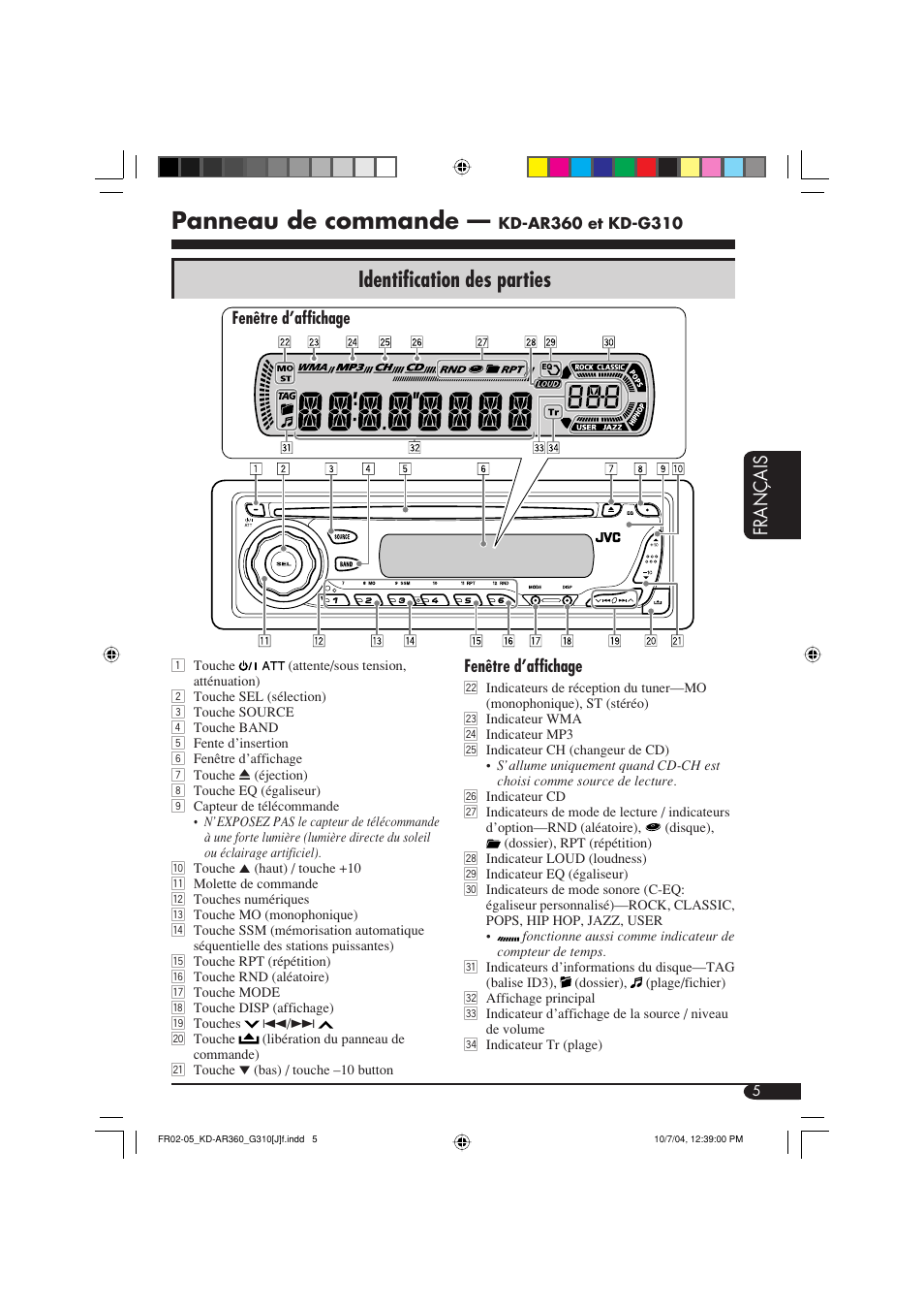 Panneau de commande, Identification des parties, Français | JVC KD-G310 User Manual | Page 69 / 98