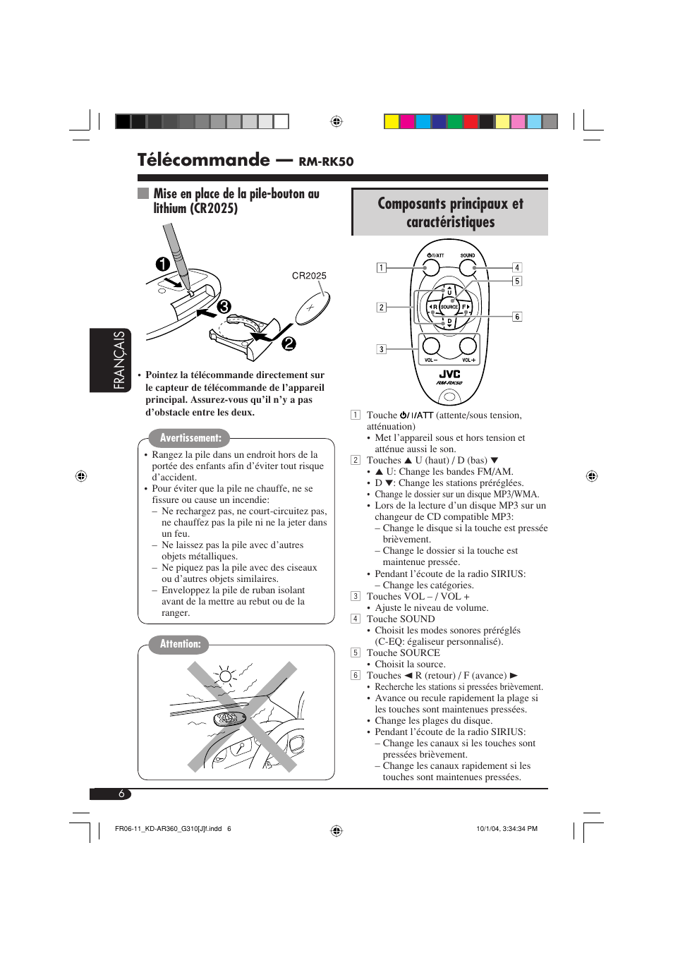 Télécommande, Composants principaux et caractéristiques, Français | JVC KD-G310 User Manual | Page 70 / 98