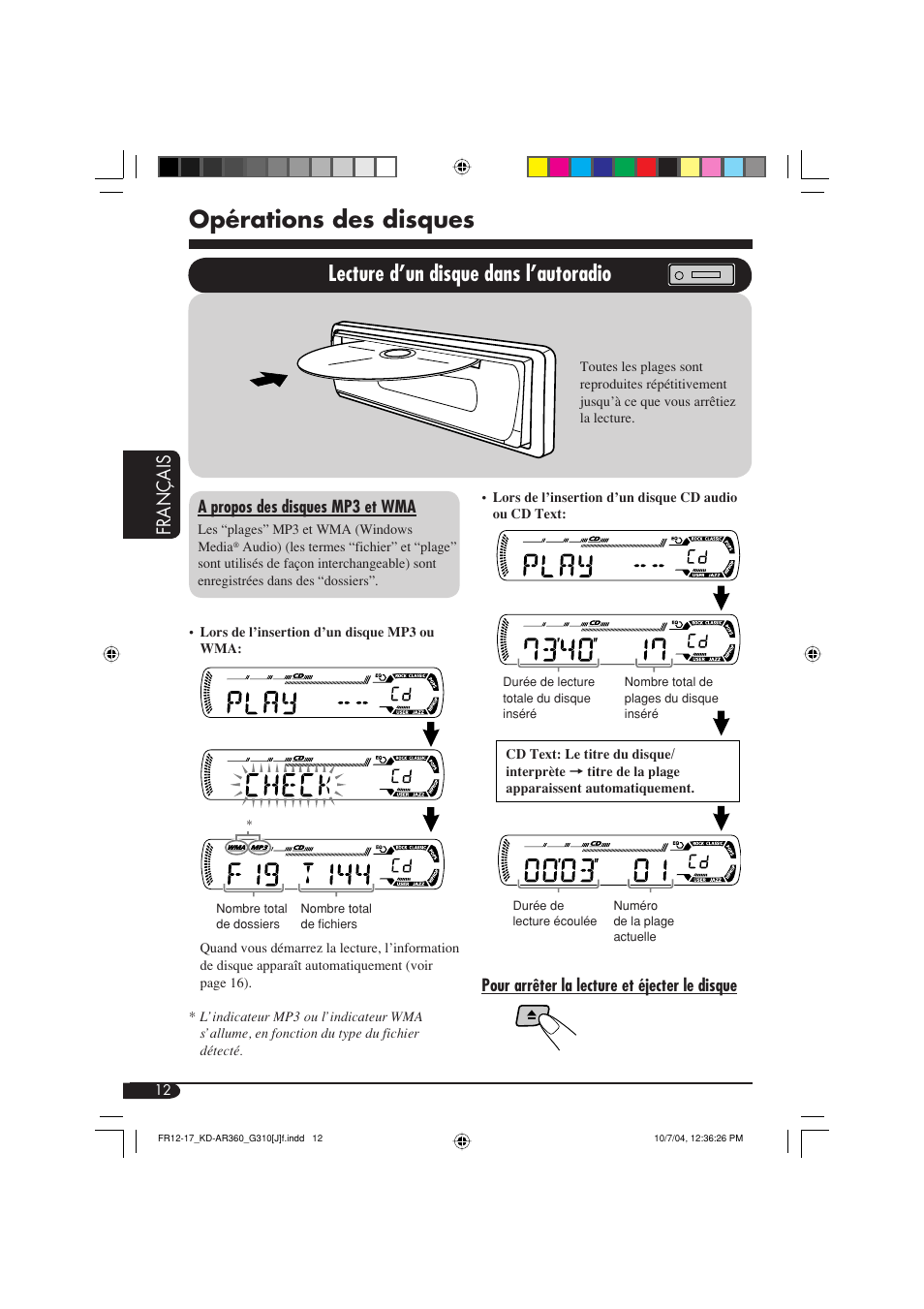 Opérations des disques, Lecture d’un disque dans l’autoradio, Français | JVC KD-G310 User Manual | Page 76 / 98