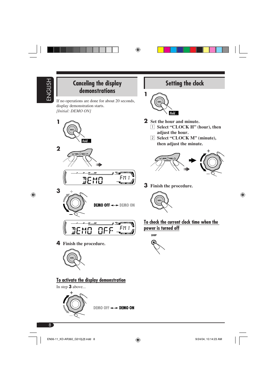 Canceling the display demonstrations, Setting the clock | JVC KD-G310 User Manual | Page 8 / 98