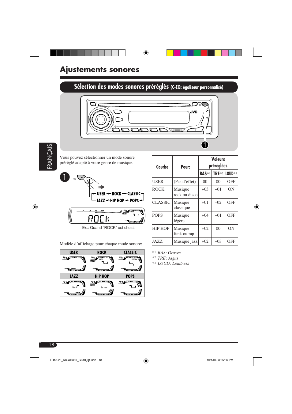 Ajustements sonores, Sélection des modes sonores préréglés, Français | JVC KD-G310 User Manual | Page 82 / 98