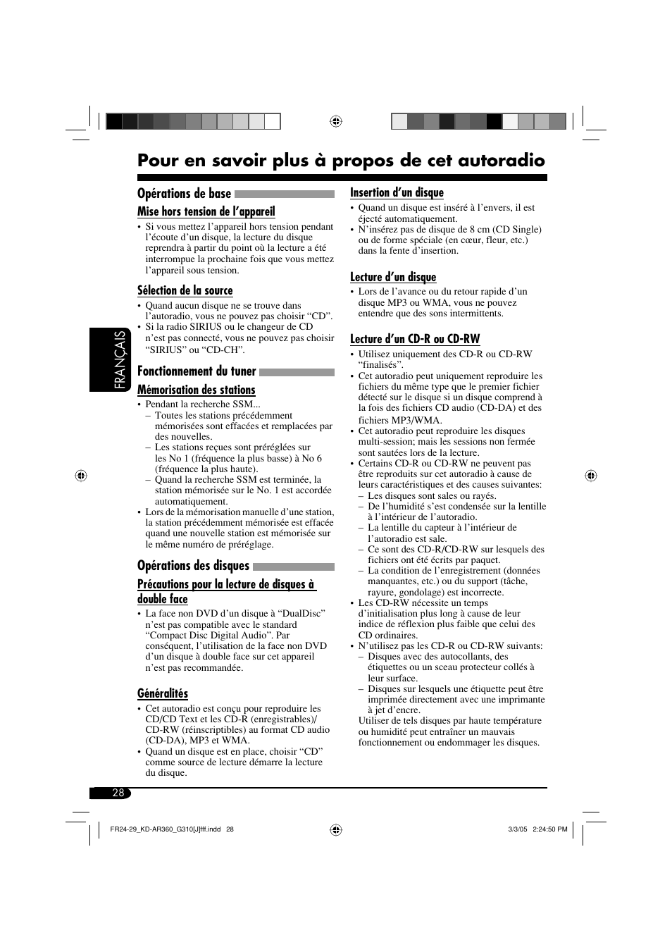 Pour en savoir plus à propos de cet autoradio, Français, Opérations de base | Fonctionnement du tuner, Opérations des disques | JVC KD-G310 User Manual | Page 92 / 98