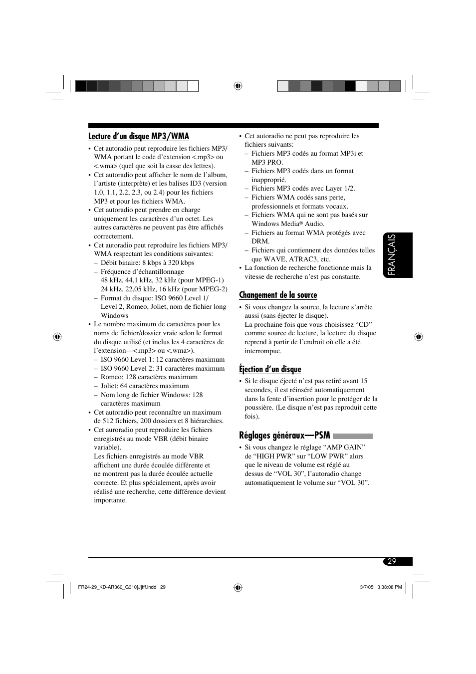 Français, Réglages généraux—psm | JVC KD-G310 User Manual | Page 93 / 98