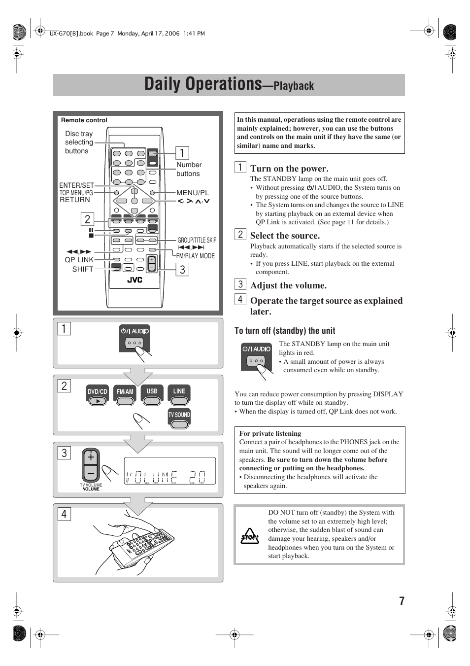 Daily operations, Playback, Turn on the power | Select the source, Adjust the volume, Operate the target source as explained later | JVC SP-UXG70 User Manual | Page 11 / 47