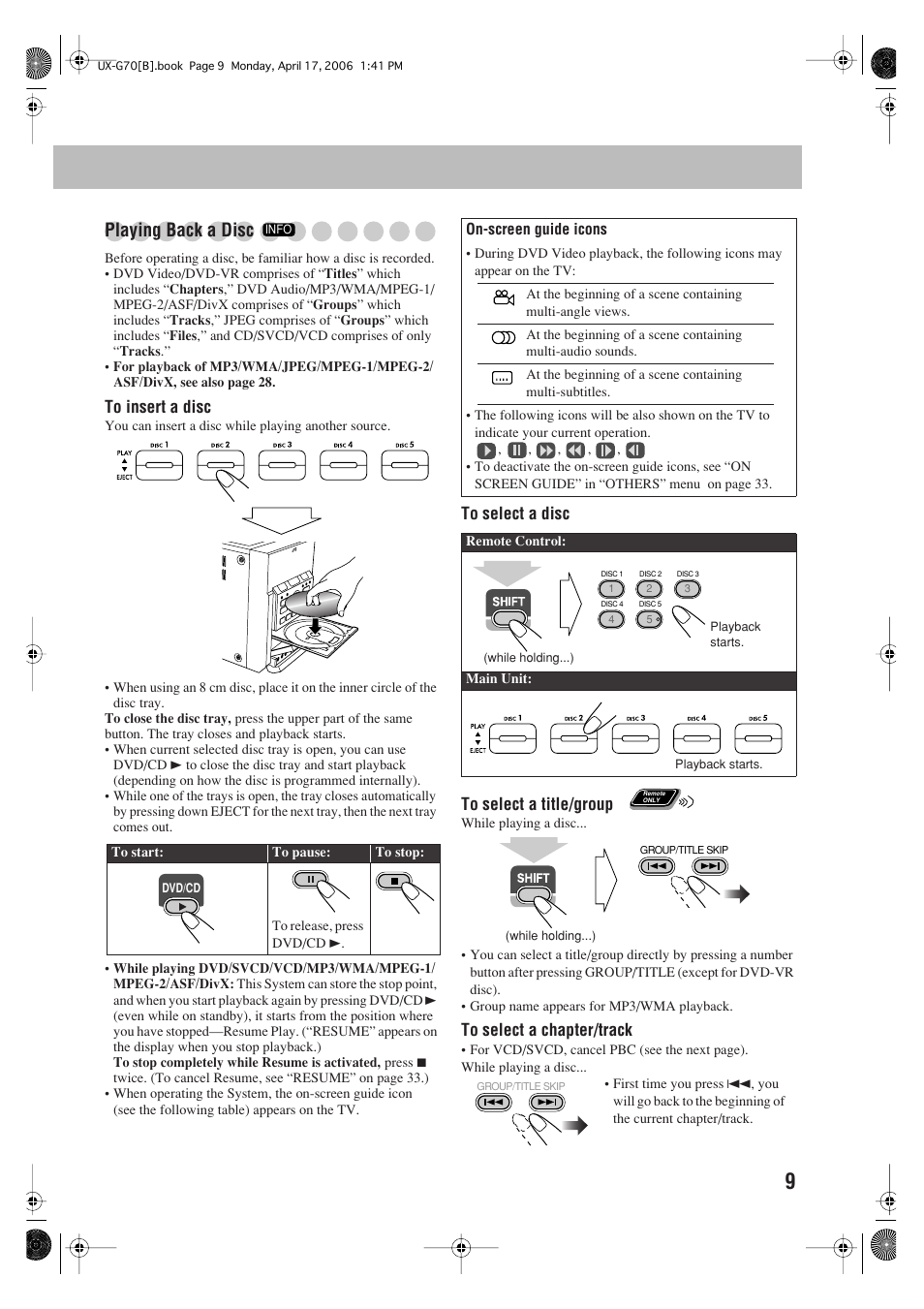 Playing back a disc | JVC SP-UXG70 User Manual | Page 13 / 47