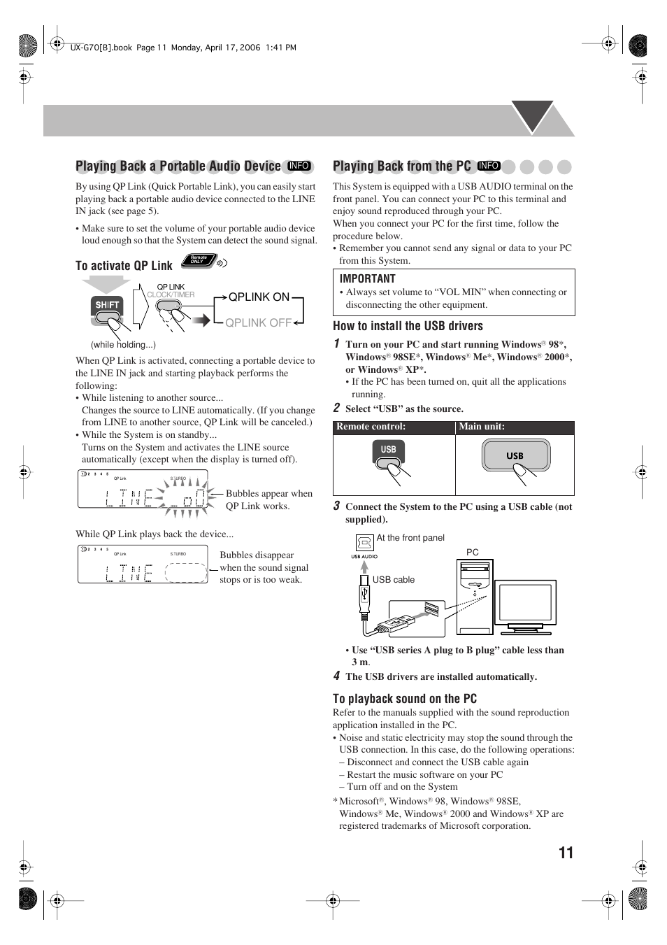 Playing back a portable audio device, Playing back from the pc, How to install the usb drivers 1 | Qplink on qplink off, Important | JVC SP-UXG70 User Manual | Page 15 / 47