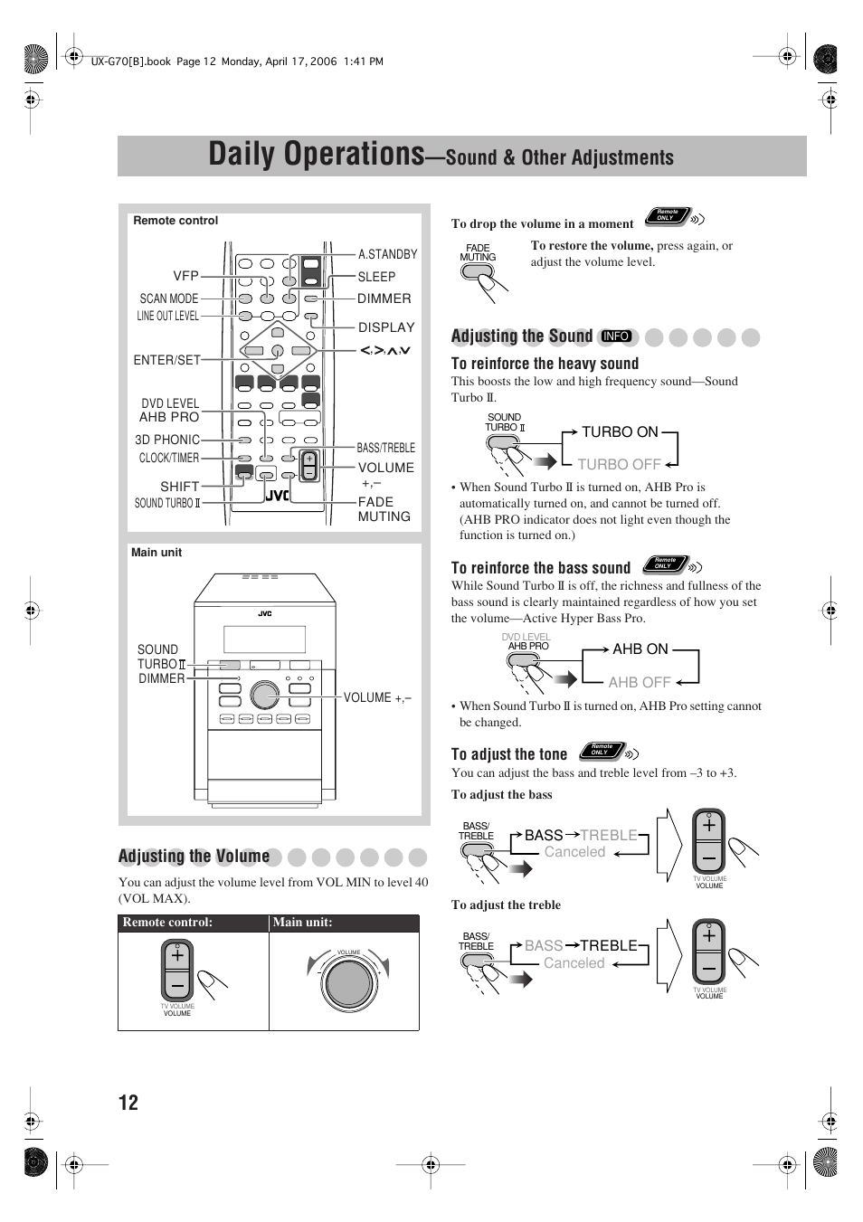 Daily operations, Sound & other adjustments, Adjusting the volume | Adjusting the sound | JVC SP-UXG70 User Manual | Page 16 / 47