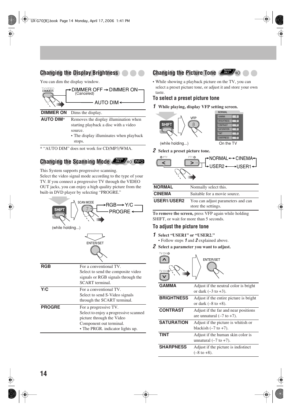 Changing the display brightness, Changing the scanning mode, Changing the picture tone | JVC SP-UXG70 User Manual | Page 18 / 47