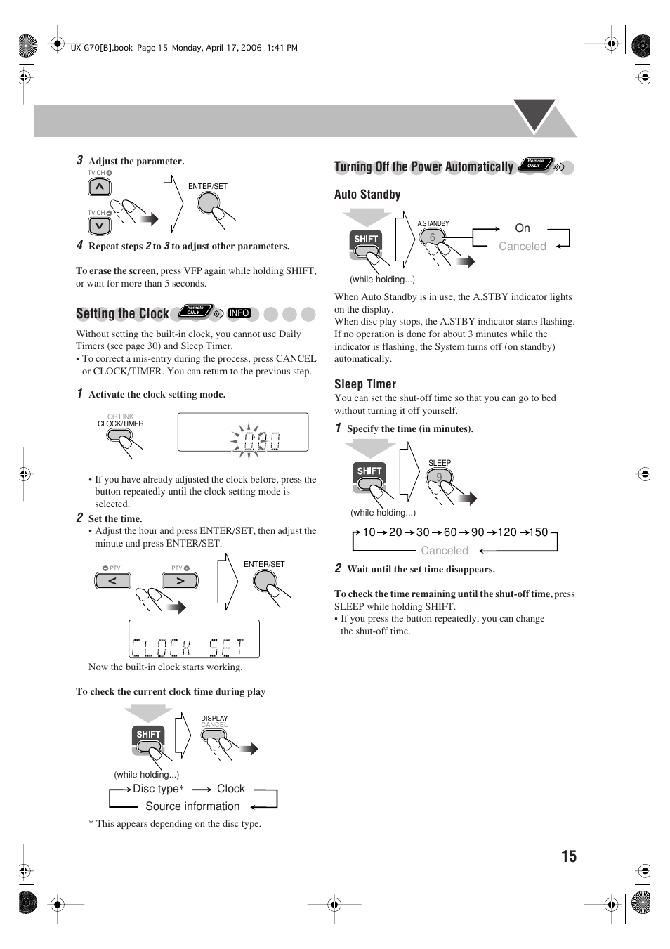 Setting the clock, Turning off the power automatically, Auto standby | Sleep timer, Source information, Clock disc type, Canceled on, Canceled | JVC SP-UXG70 User Manual | Page 19 / 47