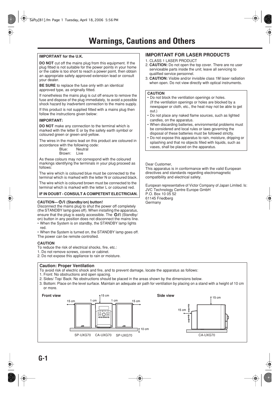 Warnings, cautions and others, Important for laser products | JVC SP-UXG70 User Manual | Page 2 / 47