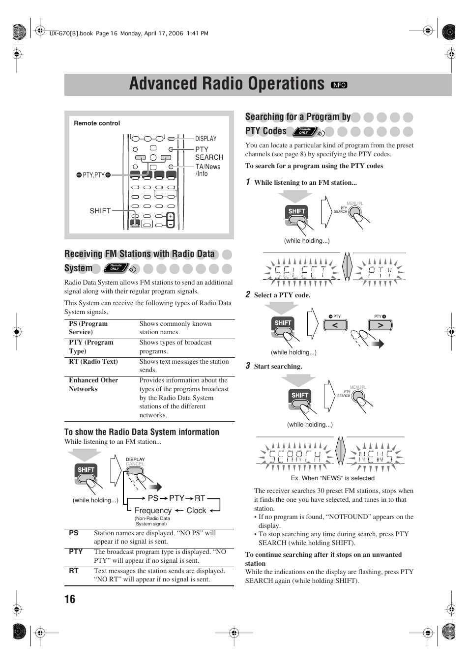 Advanced radio operations, Receiving fm stations with radio data system, Searching for a program by pty codes | Ps pty rt frequency, Clock, While listening to an fm station, Select a pty code | JVC SP-UXG70 User Manual | Page 20 / 47