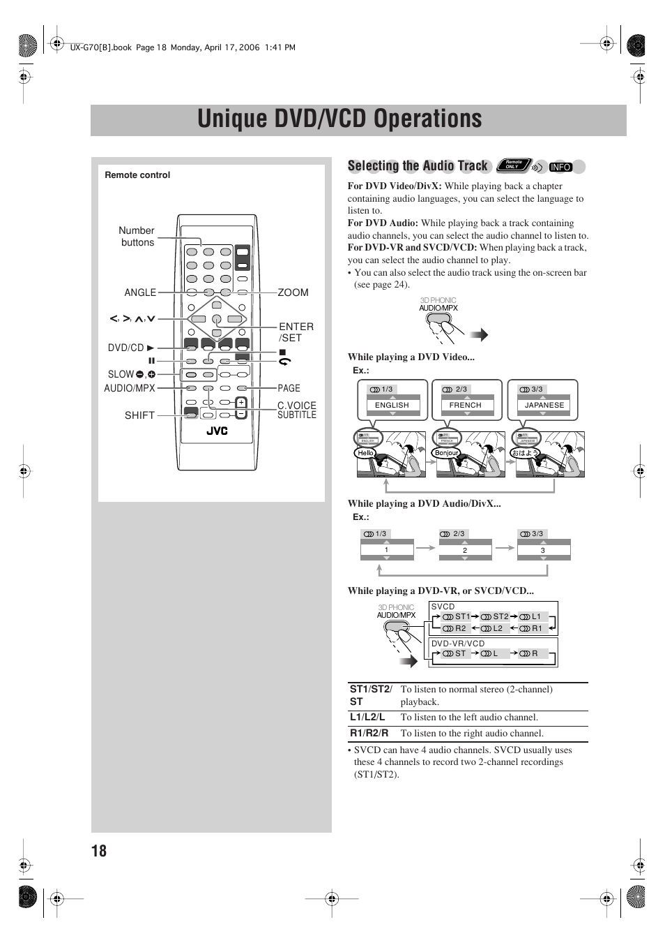 Unique dvd/vcd operations, Selecting the audio track | JVC SP-UXG70 User Manual | Page 22 / 47