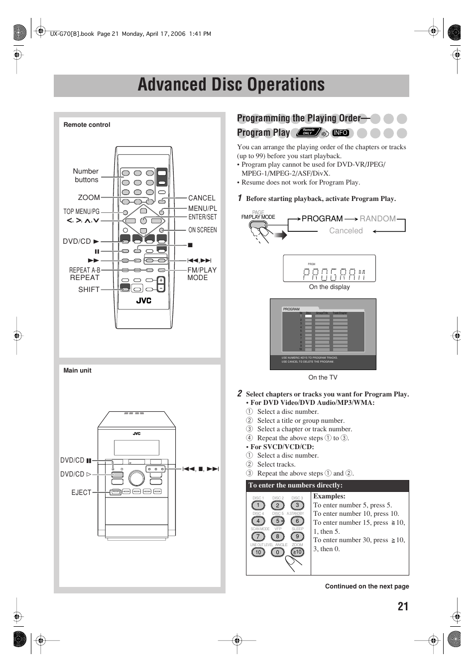 Advanced disc operations, Programming the playing order— program play, Program random | Canceled | JVC SP-UXG70 User Manual | Page 25 / 47