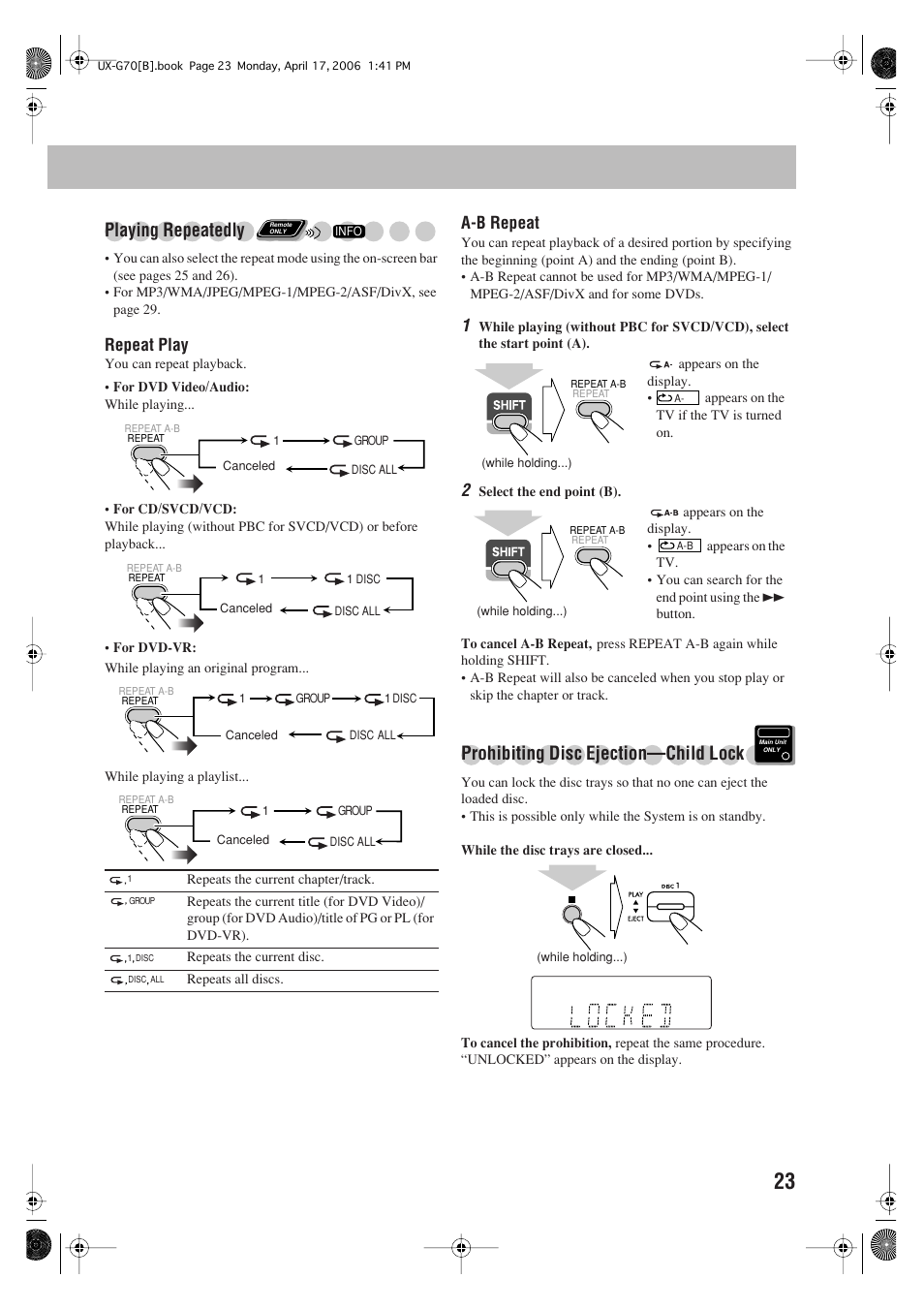 Playing repeatedly, Prohibiting disc ejection—child lock, Repeat play | A-b repeat | JVC SP-UXG70 User Manual | Page 27 / 47