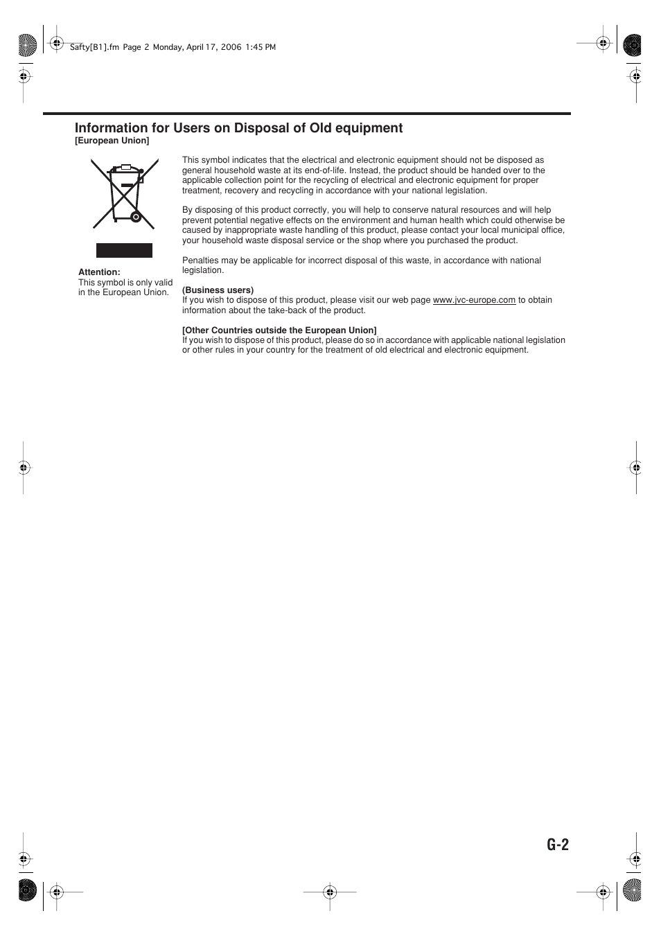 Information for users on disposal of old equipment | JVC SP-UXG70 User Manual | Page 3 / 47