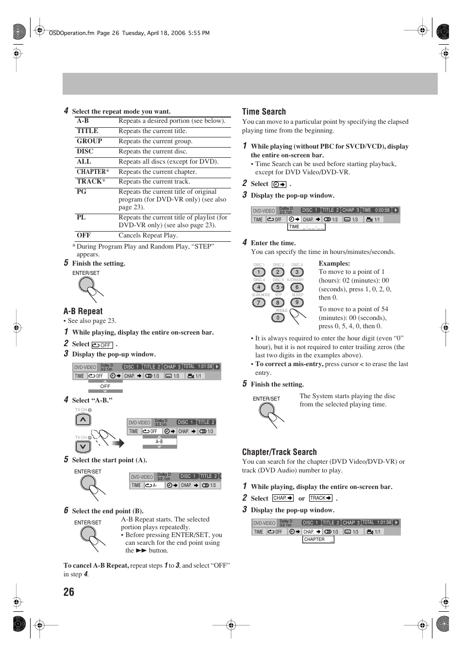 A-b repeat, Time search, Chapter/track search | JVC SP-UXG70 User Manual | Page 30 / 47