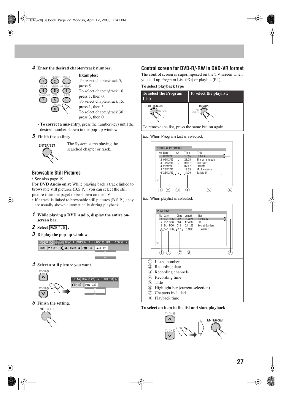 Browsable still pictures, Control screen for dvd-r/-rw in dvd-vr format | JVC SP-UXG70 User Manual | Page 31 / 47