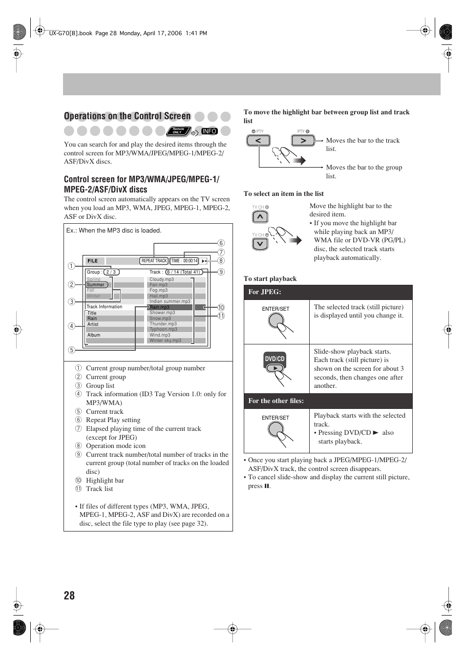 Operations on the control screen | JVC SP-UXG70 User Manual | Page 32 / 47