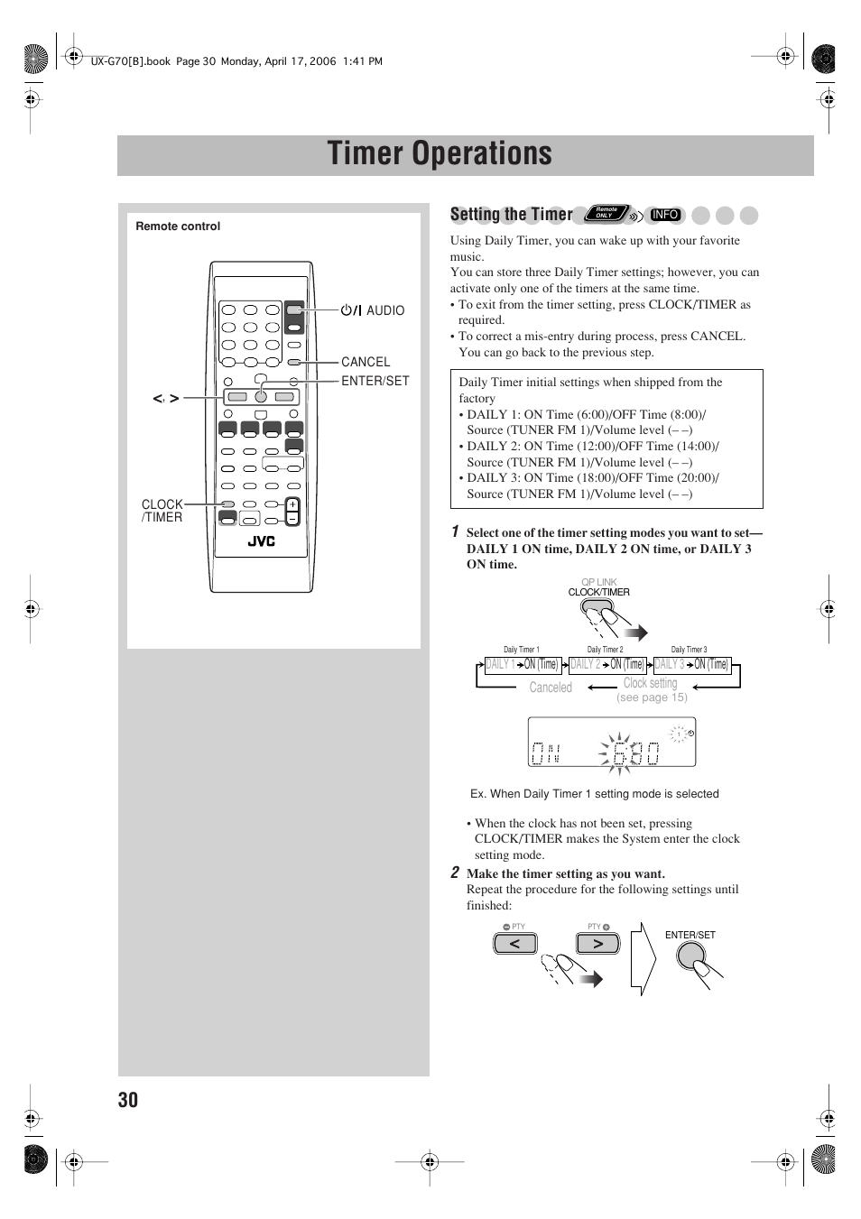 Timer operations, Setting the timer, Clock setting | Daily 1 on (time), Daily 2 on (time), Daily 3 on (time), Canceled | JVC SP-UXG70 User Manual | Page 34 / 47