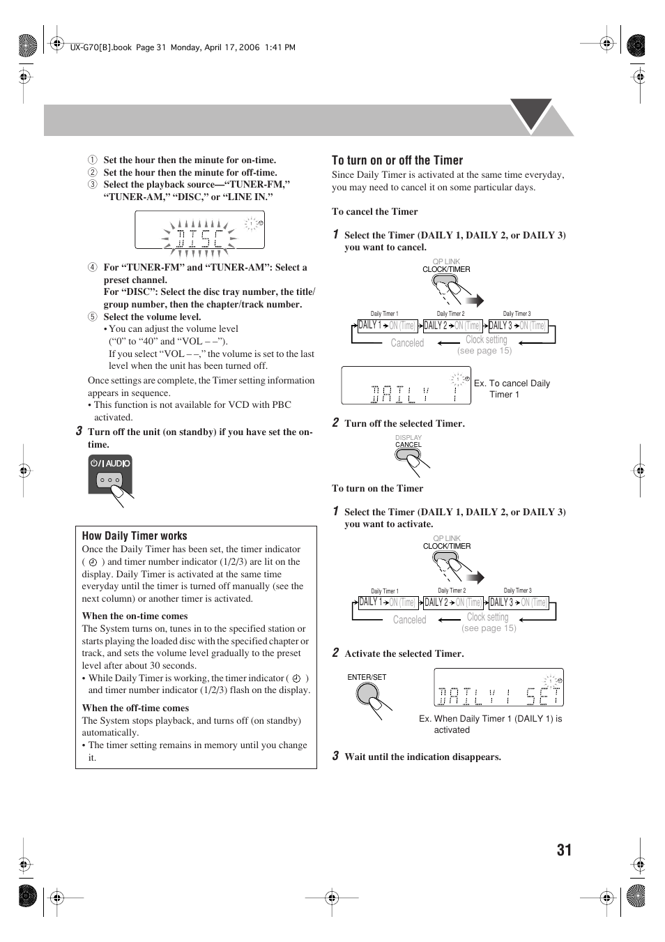 How daily timer works, Daily 1 on (time), Daily 2 on (time) | Daily 3 on (time), Canceled clock setting | JVC SP-UXG70 User Manual | Page 35 / 47