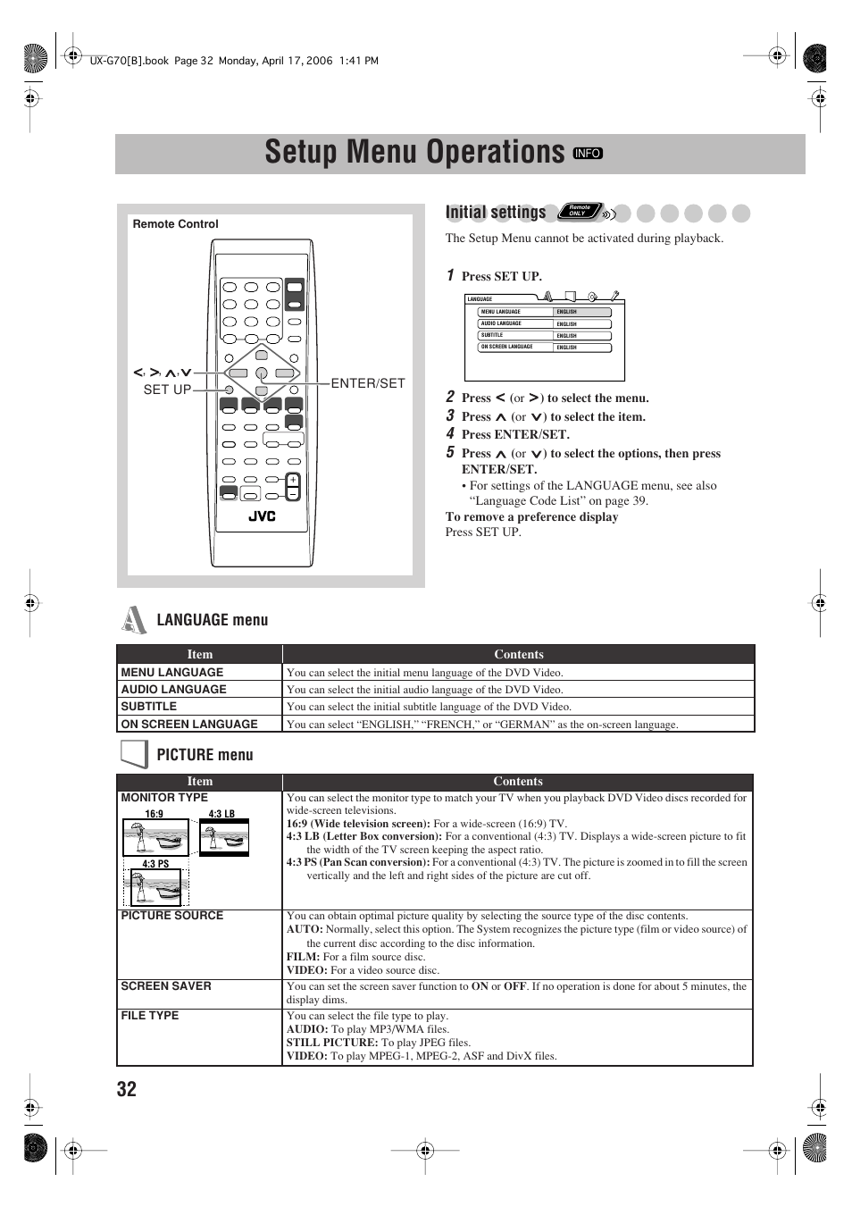 Setup menu operations, Initial settings, Language menu picture menu | JVC SP-UXG70 User Manual | Page 36 / 47