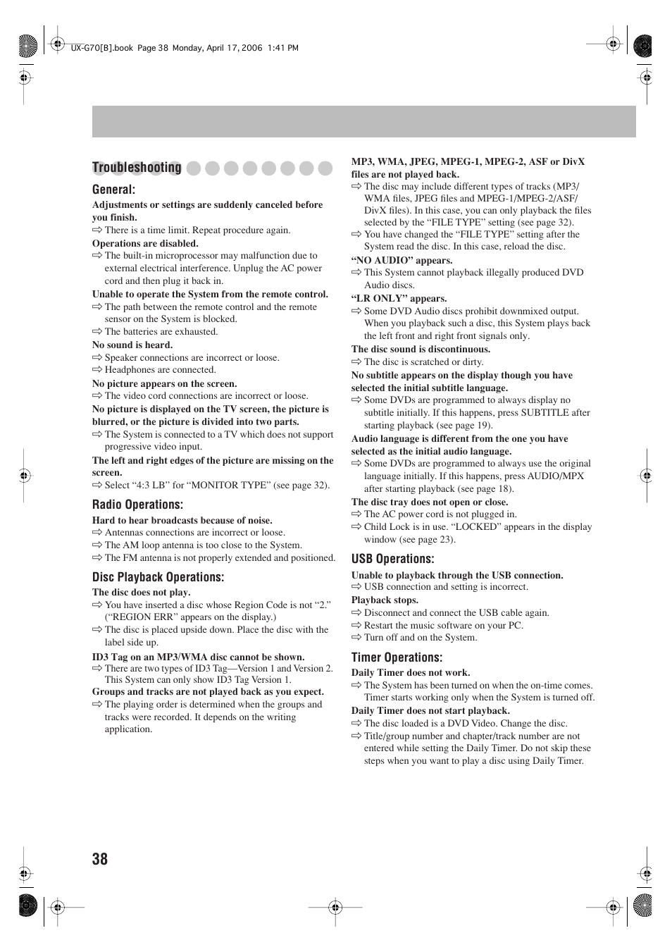 Troubleshooting | JVC SP-UXG70 User Manual | Page 42 / 47