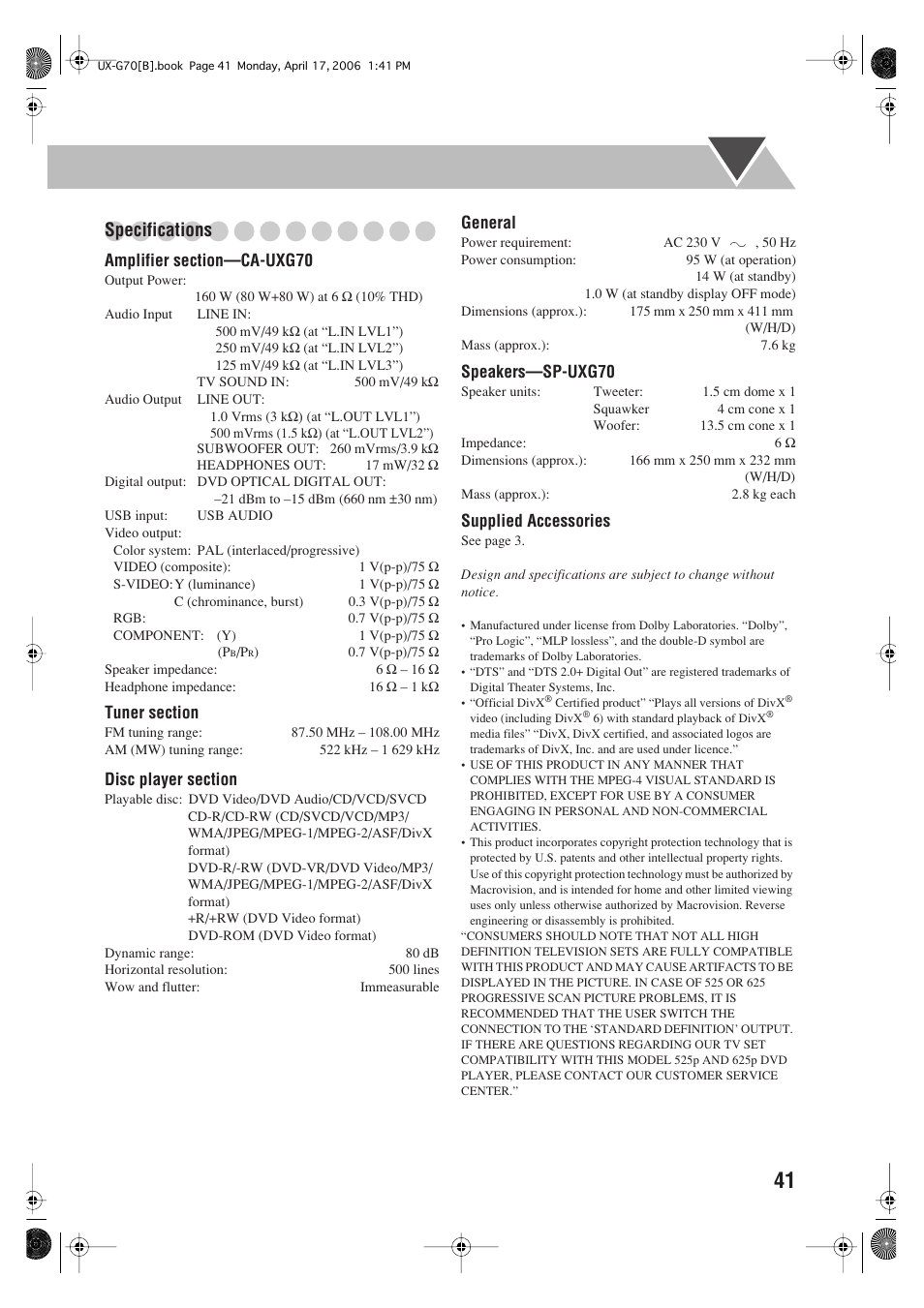 Specifications | JVC SP-UXG70 User Manual | Page 45 / 47