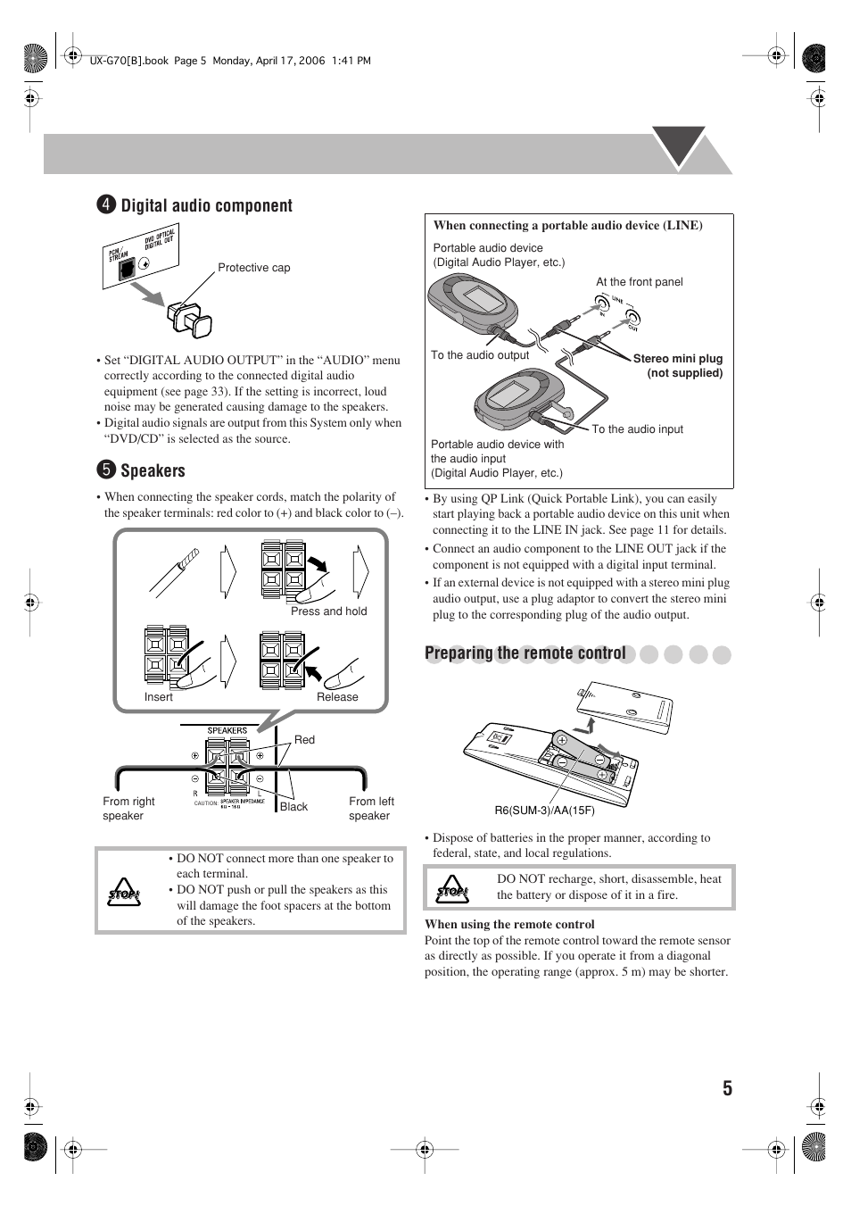 Digital audio component, Speakers, Preparing the remote control | JVC SP-UXG70 User Manual | Page 9 / 47