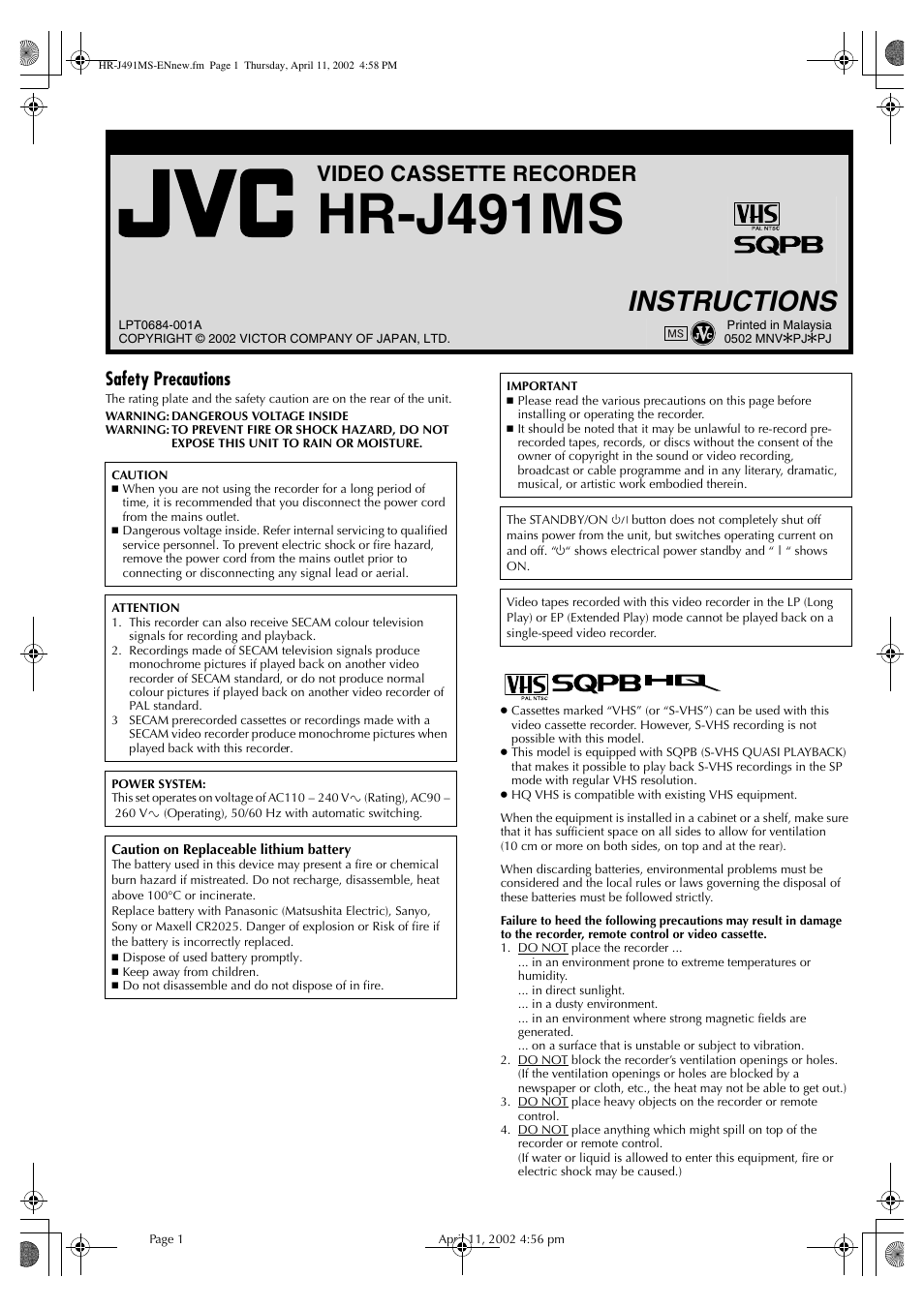 JVC HR-J491MS User Manual | 16 pages