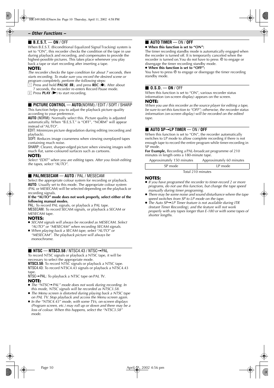 Other functions | JVC HR-J491MS User Manual | Page 10 / 16