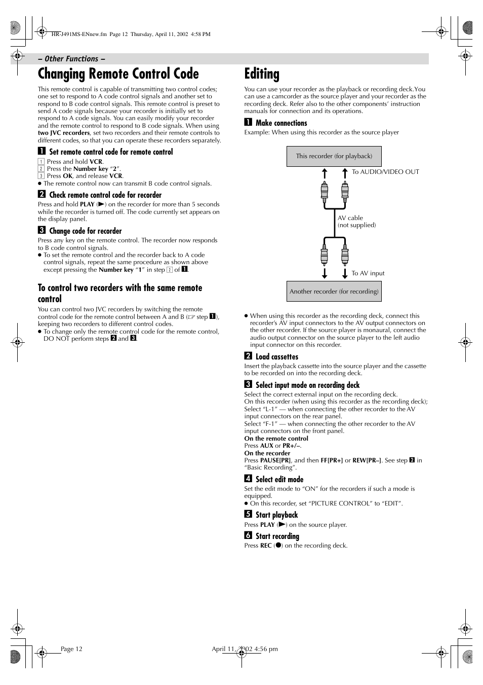 Changing remote control code, Editing | JVC HR-J491MS User Manual | Page 12 / 16