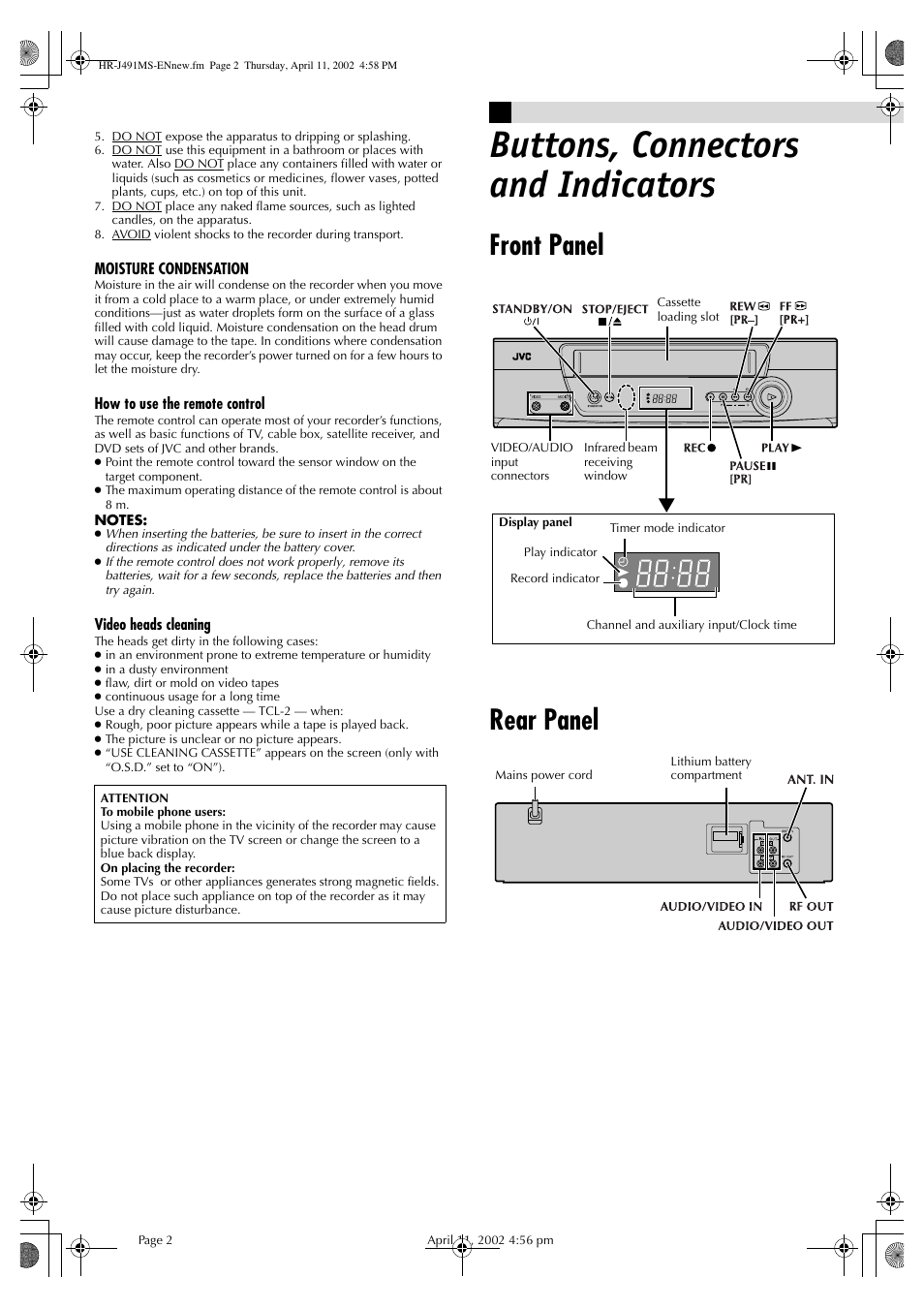 Buttons, connectors and indicators, Front panel, Rear panel | Front panel rear panel | JVC HR-J491MS User Manual | Page 2 / 16