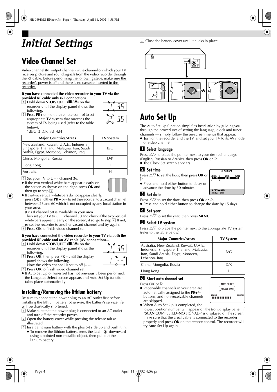 Initial settings, Video channel set, Auto set up | Installing/removing the lithium battery, Select language, Set time, Set date, Set year, Select tv system, Start auto channel set | JVC HR-J491MS User Manual | Page 4 / 16