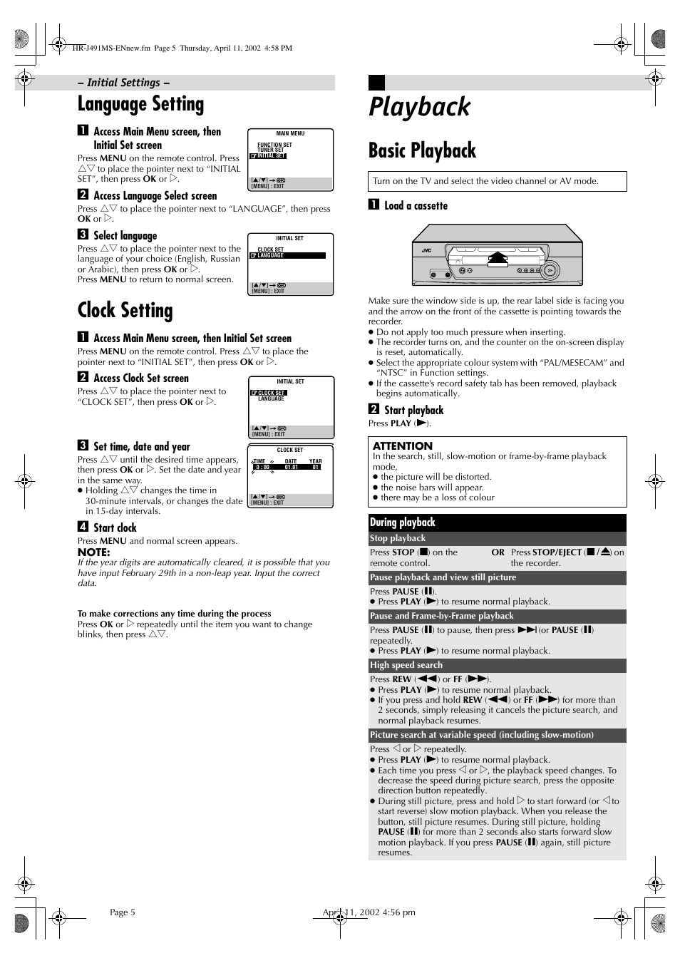 Language setting, Clock setting, Playback | Basic playback, Access main menu screen, then initial set screen, Access language select screen, Select language, Access clock set screen, Set time, date and year, Start clock | JVC HR-J491MS User Manual | Page 5 / 16